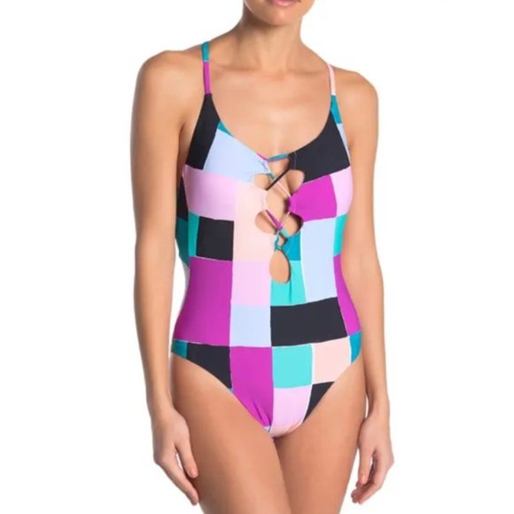 RED CARTER • NWT Lattice Lace Up Colorblock One Piece Swimsuit Medium